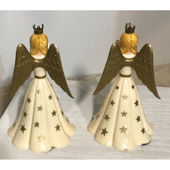 Vintage Angel Figurines Gold Star Pattern & Crowned Heads Set Of 2  Choir Angels - Picture 6 of 9